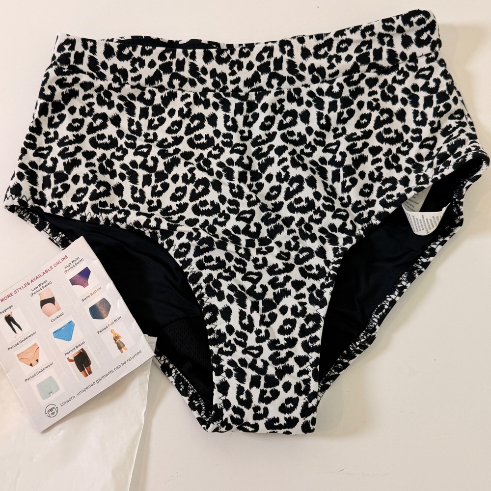 OVRUNS Period Swim Bottoms High Waist Leopard Print Bikini Small Black White